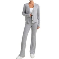 Scyoekwg Women's Two Piece Outfits Sets Solid Color Button Up Long Sleeve Coats and Long Pants Dressy Casual Slim 2 Piece Sets (Gray,L)