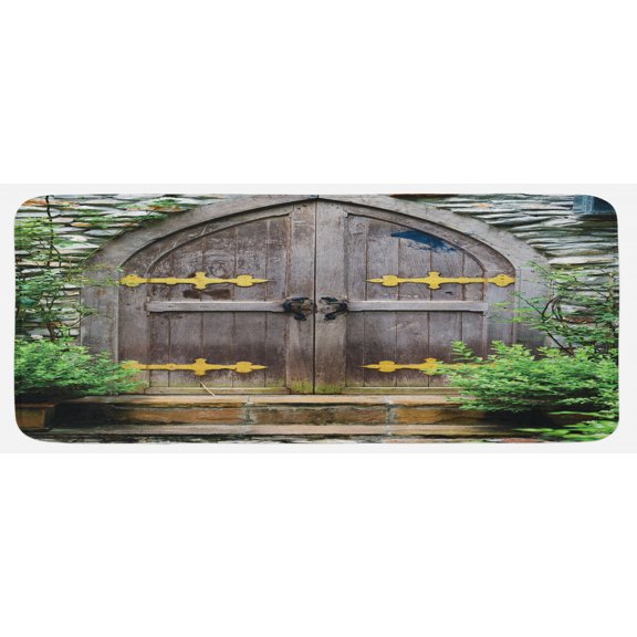 Rustic Kitchen Mat, Unique Castle Traditional Middle Age Heritage Doorway Aged Entrance Picture, Plush Decorative Kitchen Mat with Non Slip Backing, 47" X 19", Brown Green, by Ambesonne