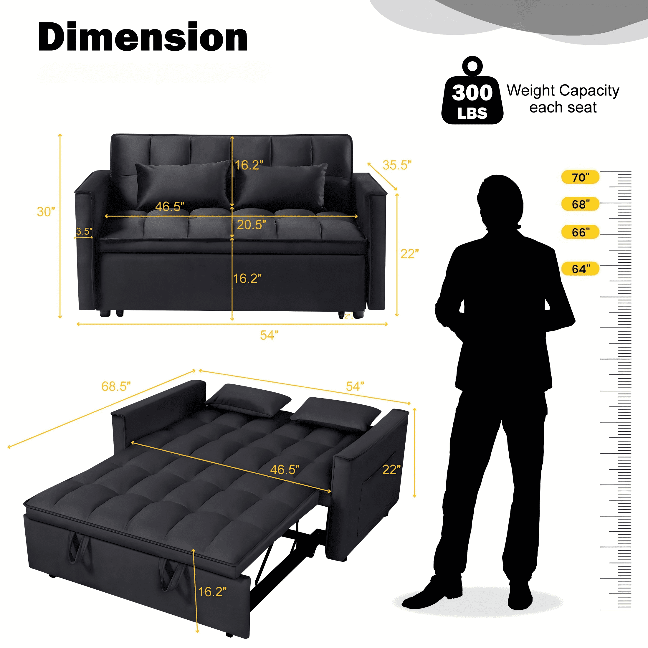 Gewnee 54" Modern Convertible Velvet Futon Sofa Bed with Pull-Out Sleeper and Adjustable Backrest, Loveseat Couch for Living Room or Office (Black)