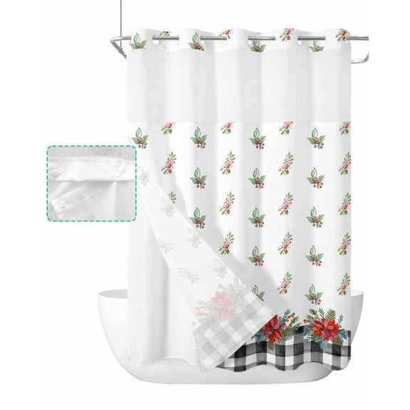 No Hook Shower Curtain with Snap in Liner, Christmas Flowers Berry Plants Black Plaid Hotel Shower Curtains for Bathroom, Washable Shower Curtain Liner Set with Mesh Top Window, 48"x72"