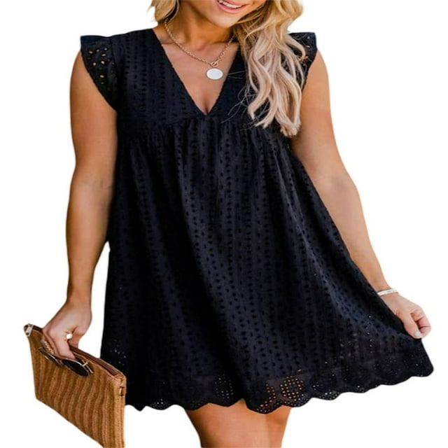 Femmes Casual Robe Été V Cou Mouche Manches Dentelle Jacquard Couleur Unie Robes Amples avec Short Doublé
