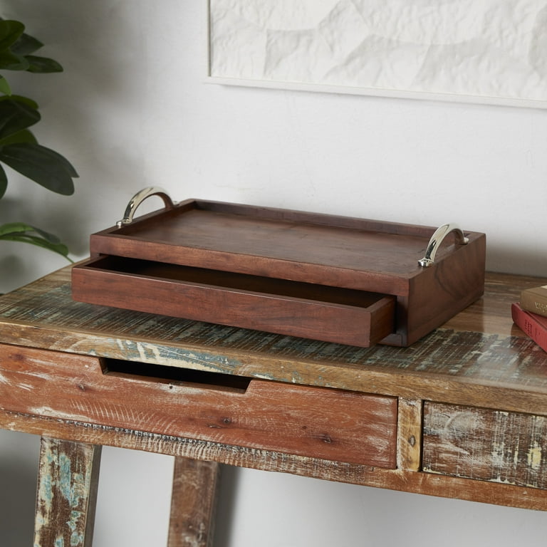 DecMode Wooden Storage Tray with Hidden Drawer and Black Metal