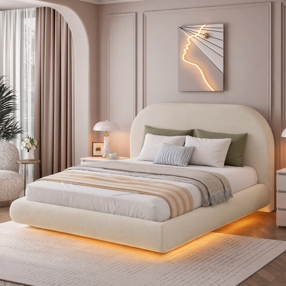 Seetech Queen Size Cloud Bed Frame with Upholstered Headboard, Floating Platform Bed with LED Lights, No Box Spring Needed, Beige