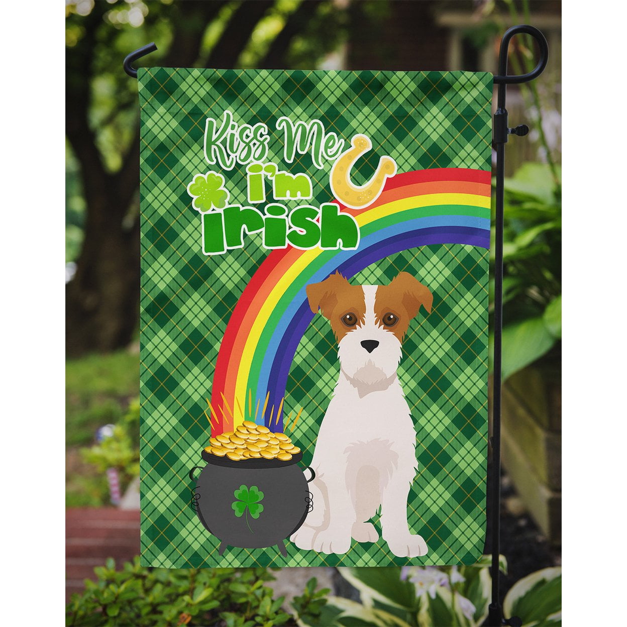 Brown White Wirehair Jack Russell Terrier St. Patrick's Day Flag Garden Size