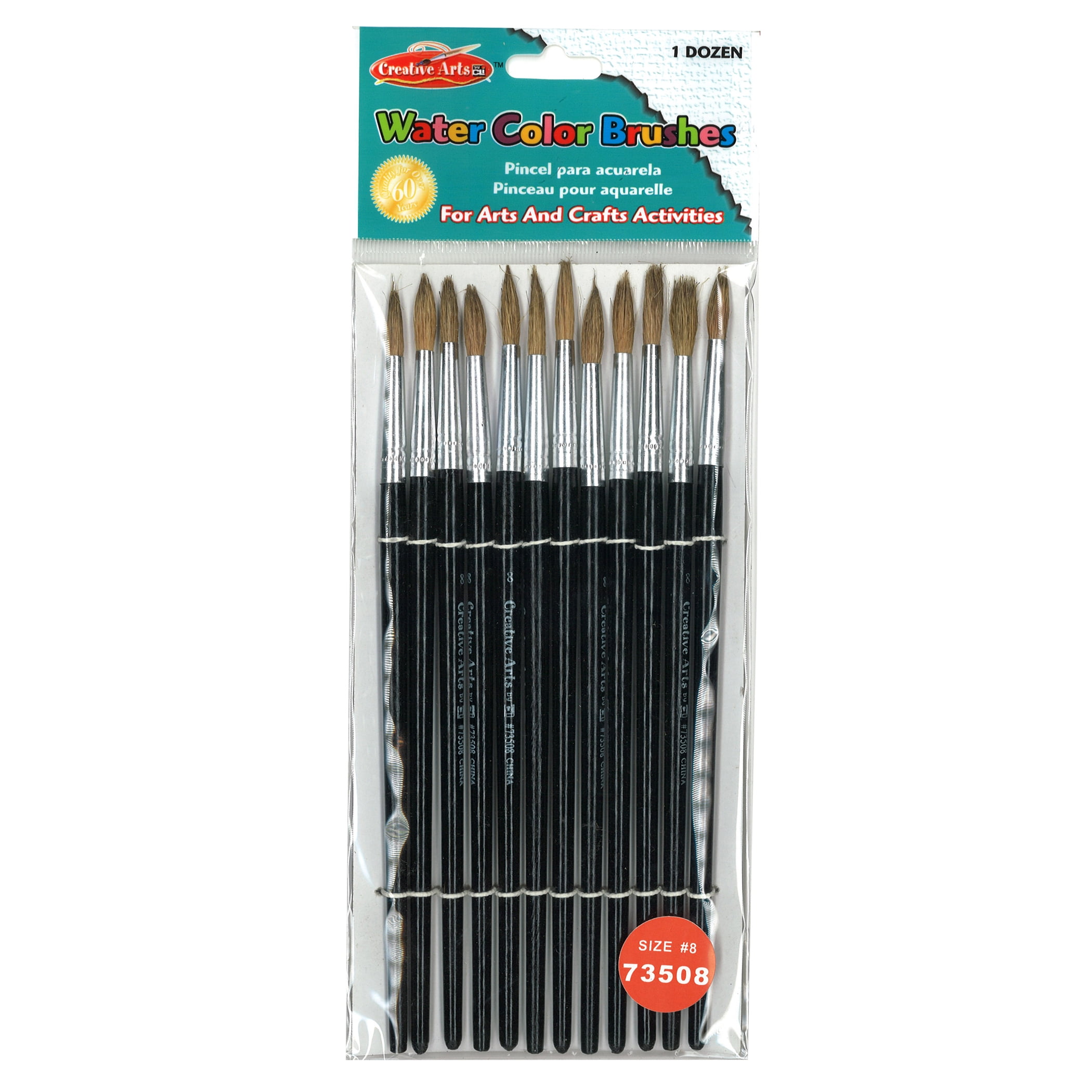 Charles Leonard Water Color Paint Brushes with Round Pointed Tip, # 8, 0.81 Inch, Camel Hair, Black Handle, 12 Per Pack, 6 Packs