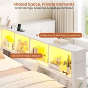 Double Twin Bed Frame for 2, Metal Corner Bed Frame with Storage Bookcase Divider & LED Lights & Charging Station, Daybed with Headboard and 2 Drawers, Twin Size Platform Beds for Teens, White