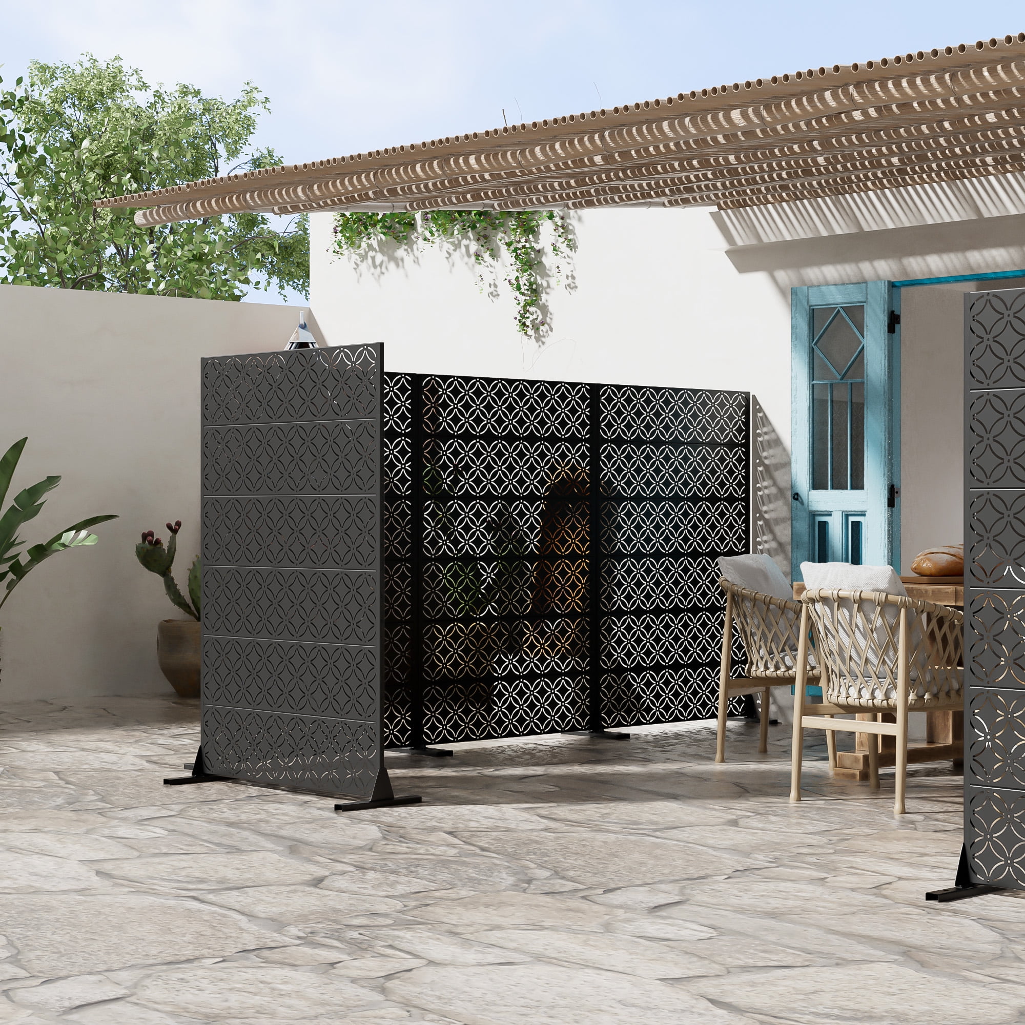 MAYEERTY 72 × 47in Outdoor Privacy Screen with Stand, 3 Panels Metal Balcony Decorative Screen, Black