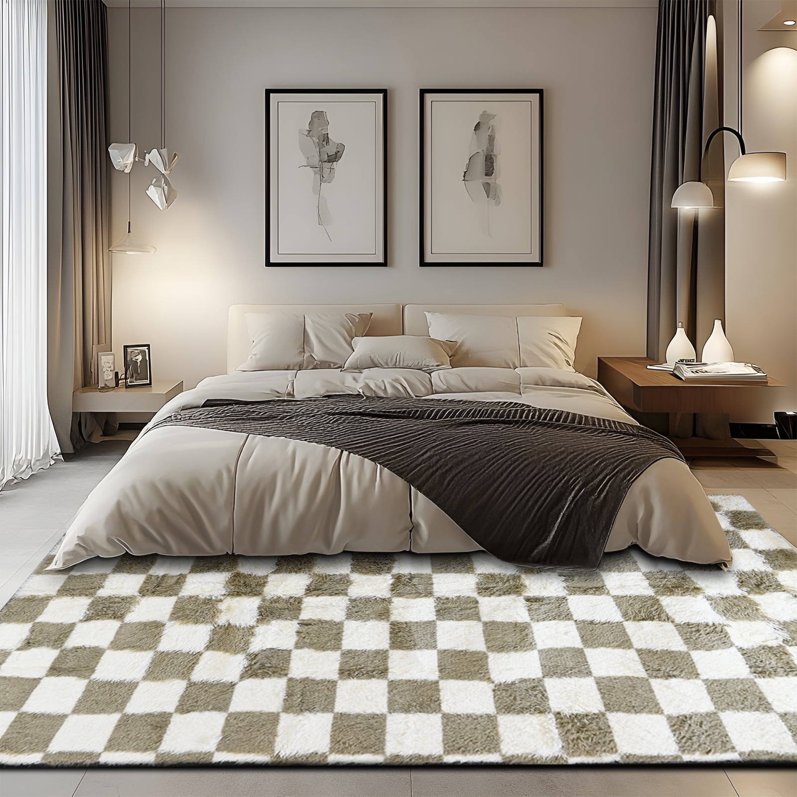 Pentantan 8ft x 10ft Shag Area Rugs for Living Room, Classic Checkered Fluffy Bedroom Carpet, Beige & White