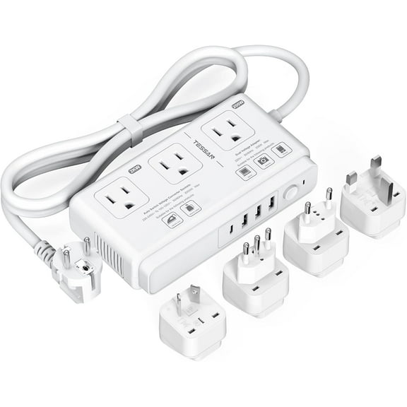220V to 110V Voltage Converter, Universal Travel Adapter with 4 USB Charger (1 USB C), 3 AC Sockets and EU/UK/AU/IT Plug Power Adaptor, Step Down Transformer Outlet Converters for International