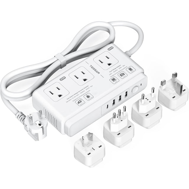 TSAN Convertidor de Voltaje 220 a 110V, Adaptador Europeo con 4 USB (1 USB C), Adapter Universal de Viaje con 3 Salidas CA, Regulador de Corriente con Ehufe EU UK AU IT, para Travel, Blao