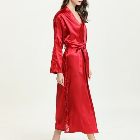 

ALSLIAO Women Satin Long Sleeve Robe Elegant Kimono Pyjamas Nightwear Long Bathrob Bordeaux XXL