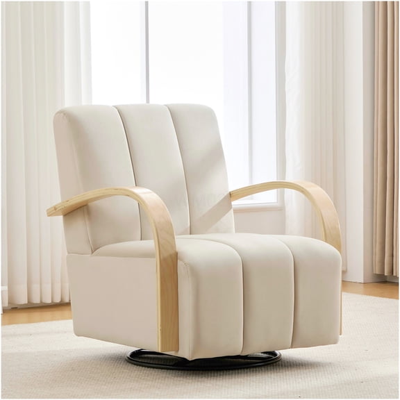 Modern 360-Degree Swivel Accent Chair with Channel Tufted Back, Velvet Upholstery and Solid Wood Armrests for Living Room, Office or Bedroom, Beige