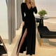 thumbnail image 1 of Vestido negro de manga larga con cuello en V para mujer, elegante vestido con abertura de manga larga y cuello en V, 1 of 5