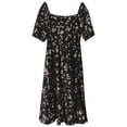 thumbnail image 4 of Robes d'Invité de Mariage Femmes Grande Taille Tempérament Floral Col Carré Manches Courtes Taille Volantée Jupe Ligne A Robe d'Été Grande Taille Noir L, 4 of 4