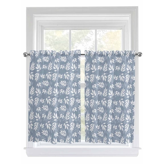 Light Blue White Leaves Kitchen Curtains 54 Inches length, Spring Pastoral Rustic Botanical Window Treatment Curtain Drapes, Thermal Insulated Drapes for Basement Hotel RV, 42"x54", 2 Panels
