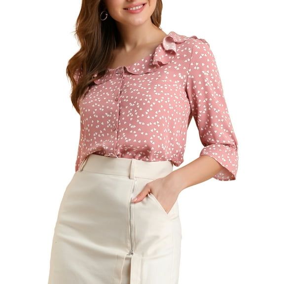 Allegra K Women's Ruffle Lapel Collar Heart Print Button Down Elbow Sleeve Shirt