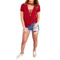 thumbnail image 3 of Women Choker Cutout Deep V Neck Short Sleeve Red Shirt, 3 of 3