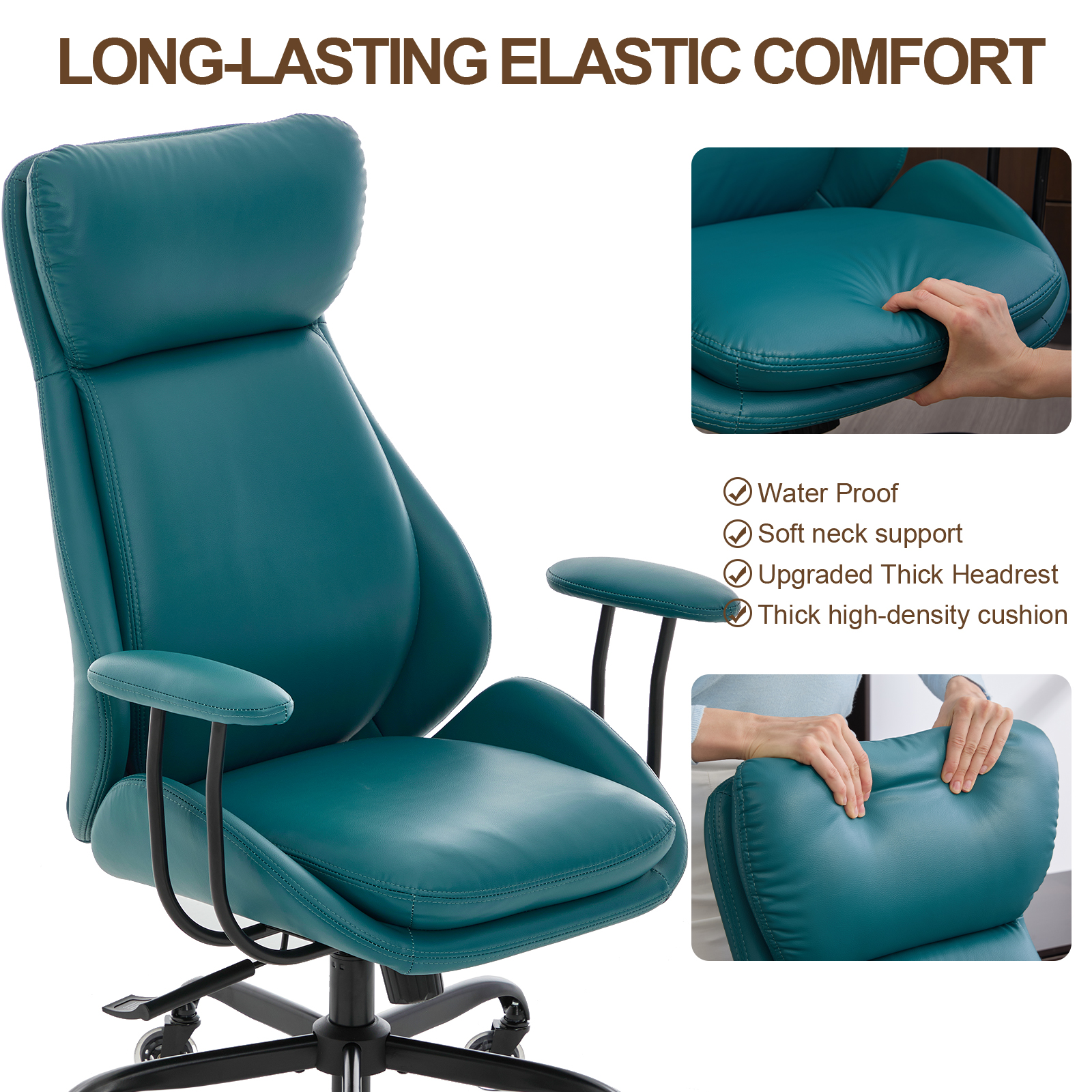 E-Motie Home Office Desk Chair, Ergonomic Computer Chair with Lumbar Support and Head Support, High Back Office Chair with Armrests, Adjustable Height, Rubber Casters, Green Leather