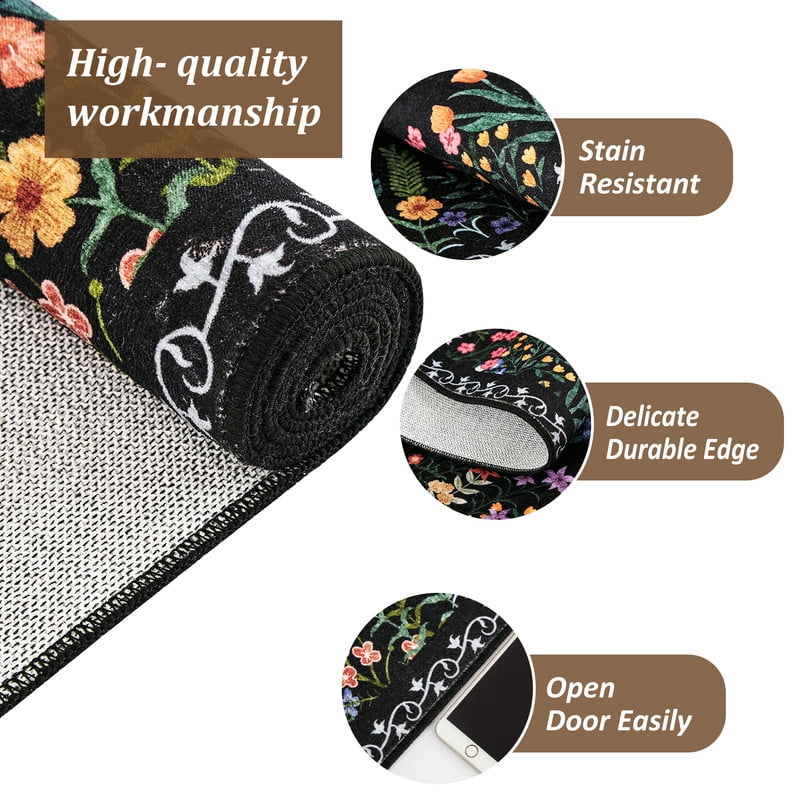 Washable 9x12 Area Rugs, Large Living Room Rug, Non-Slip Soft Floral Rugs for Bedroom, Botanical Area Rug Carpet for Dining Room Guest Room (Black,9'x12')