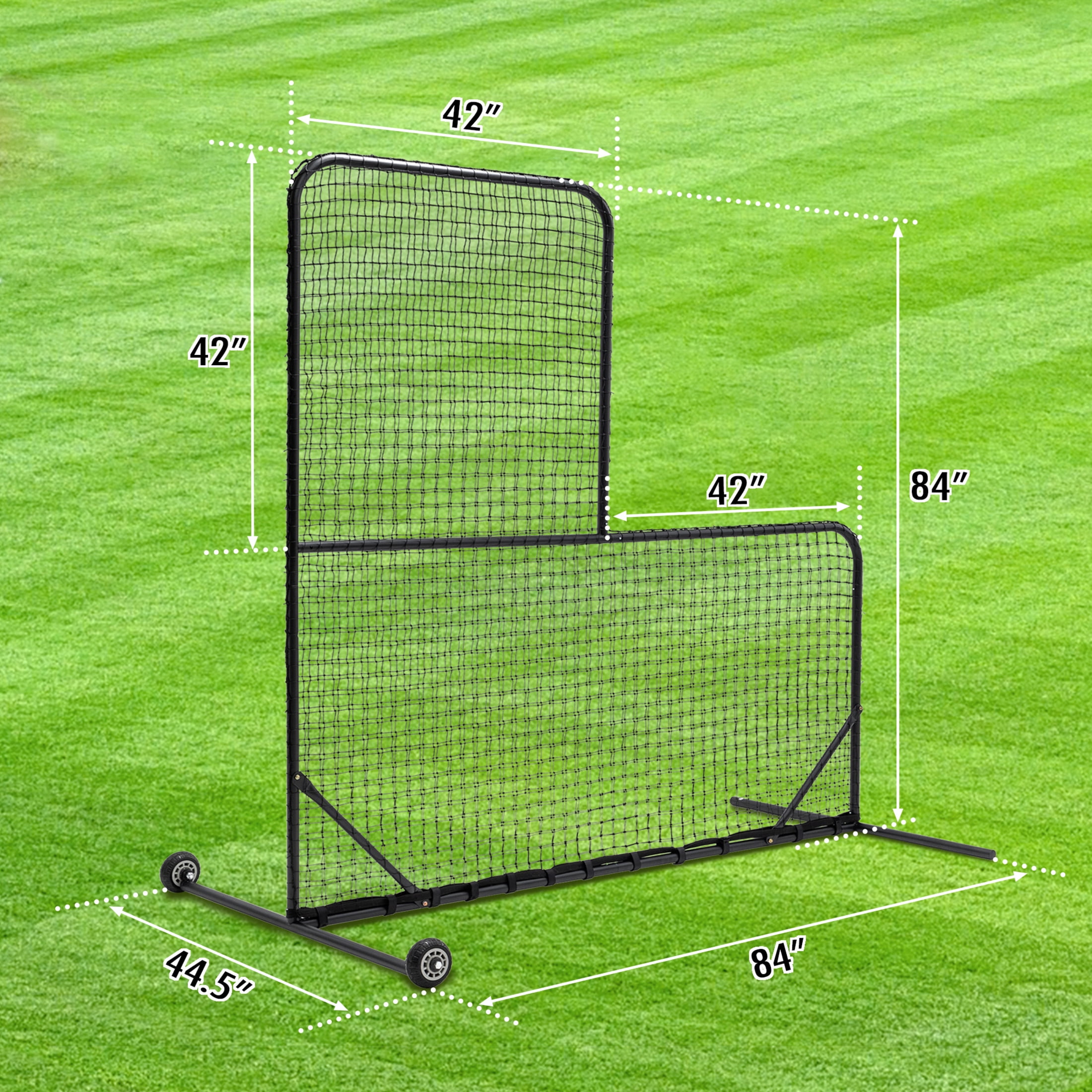 Noble House 84" L-Shaped Baseball Pitching Net with Wheels and Carry Bag, Heavy-Duty Training Screen, Black