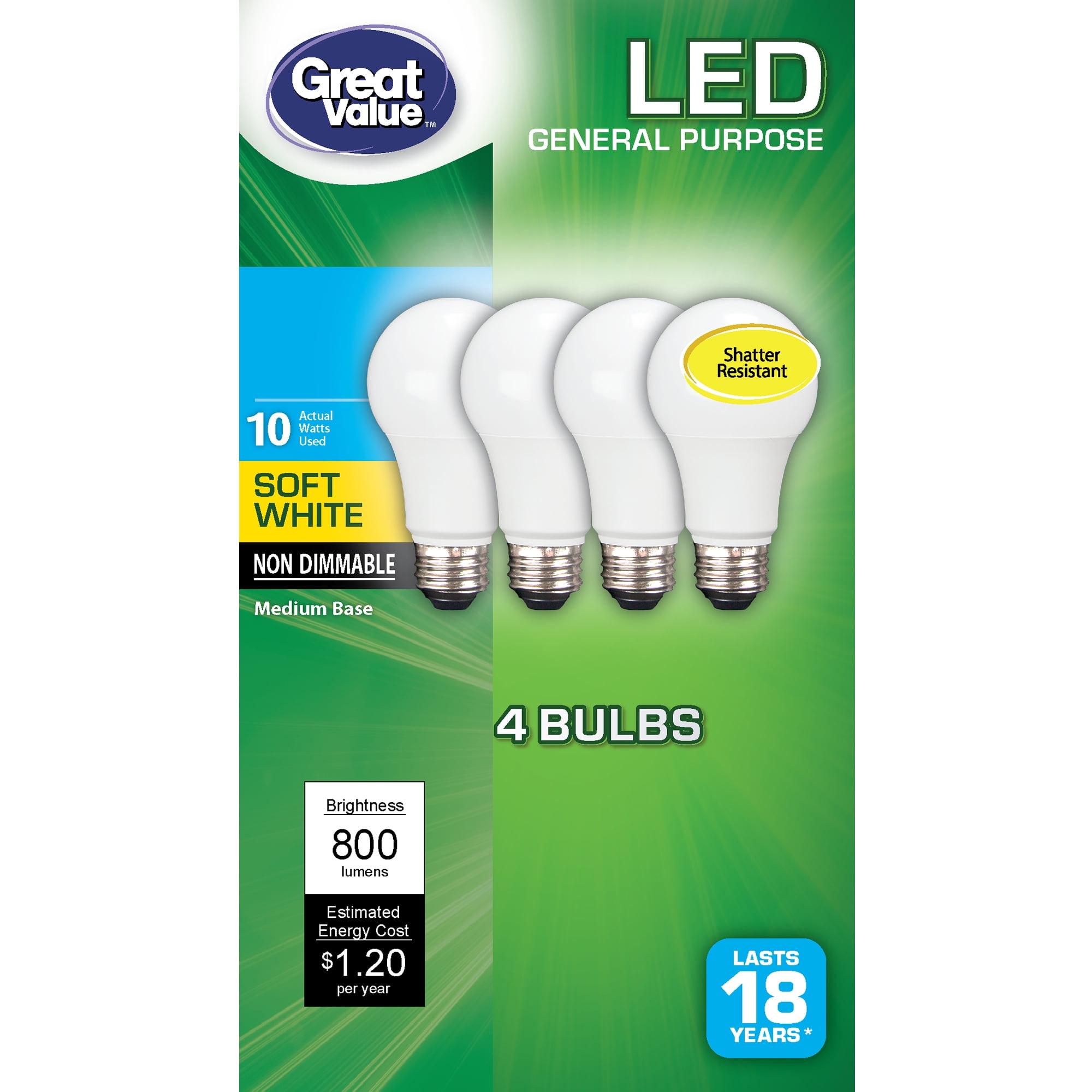 Great Value LED Light Bulb, 10 Watts (60W Equivalent) A19 General