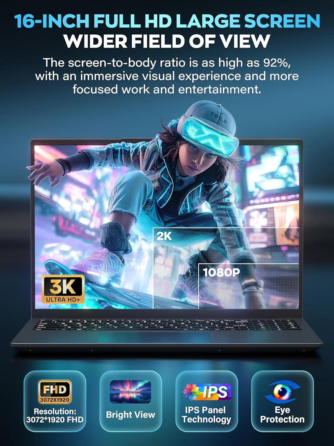 Rumtuk 16' FHD Gaming Laptop, In tel N150, 16G RAM 1T SSD, Win 11 Pro – High-Performance Notebook with HDMI, Type-C, RJ45 Ethernet, Wi-Fi, BT, Backlit
