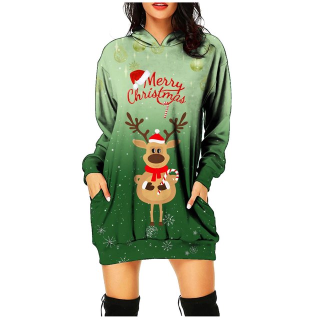 Vestidos de Navidad Para Mujer Casual Con Estampado de Bolsillo Vestido de Manga Larga Con Capucha Suelta Odeerbi ODB197799