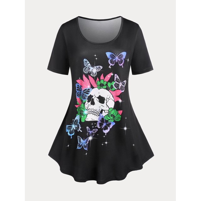 Camiseta de Talla Extra con Estampados de Calaveras y Mariposa Rosegal Camisetas tallas grandes