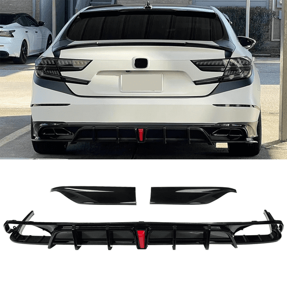 For 2018-2020 Honda Accord Glossy Black Rear Bumper Lip Splitter Diffuser LED