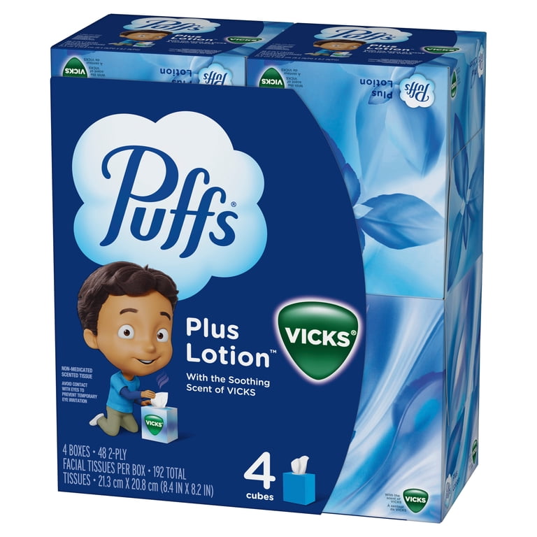 Puffs Plus Lotion, Vicks Scented Facial Tissues, White, 4 Cubes