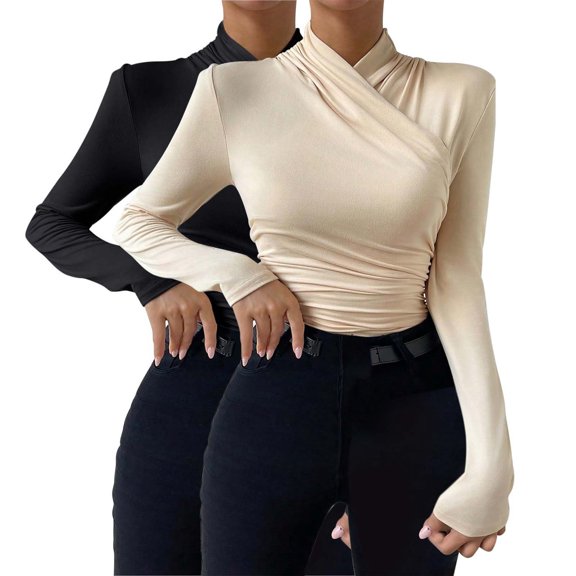 Graphic Tennis Tees for Women T-Shirts Slim Fit V Neck Wrap Top with Long Sleeves for Elegant Everyday Wear Beige XXL