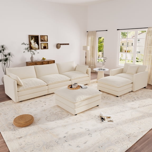 Muumblus 4 Pieces Living Room Furniture Sets, Modular L-Shaped Sofa and Chaise Lounge Chair with 2 Movable Ottoman, Beige Chenille