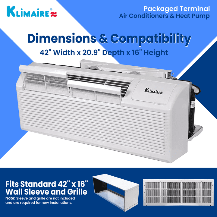 Klimaire 15,000 BTU PTAC Heat Pump A/C R-32 Wi-Fi Enabled with 5kW