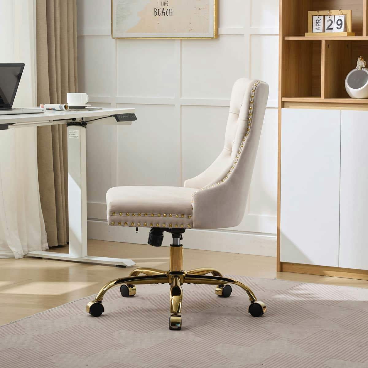 GVN Ergonomic Computer Chair, Home Office Desk Chairs,Office Chair with Golden Metal Base, Adjustable Desk Chair Swivel Office Chair (Beige)