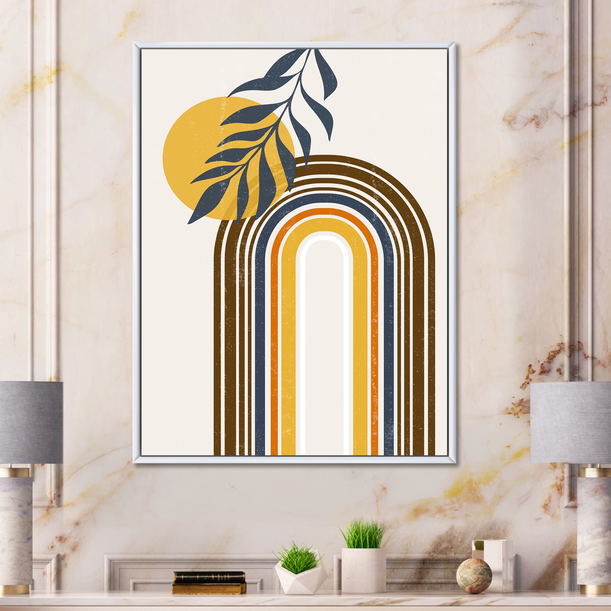 Designart 'Abstract Moon Sun Leaves II' Modern Framed Canvas Wall Art Print