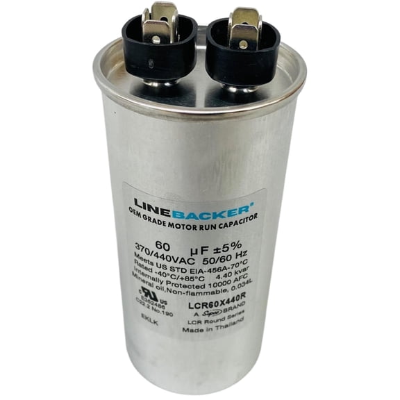 Linebacker Motor Run Round Capacitor, 60 Mfd., 370/440 Volt, LCR60X440R
