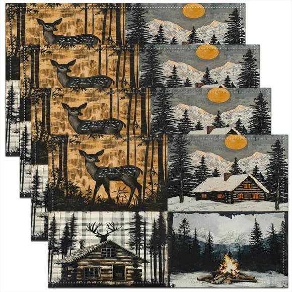 Erosebridal Wildlife Reindeer Placemats Set of 4, Rustic Cabin Place Mats Set of 4 for in Door Dinning, Hunting Decor