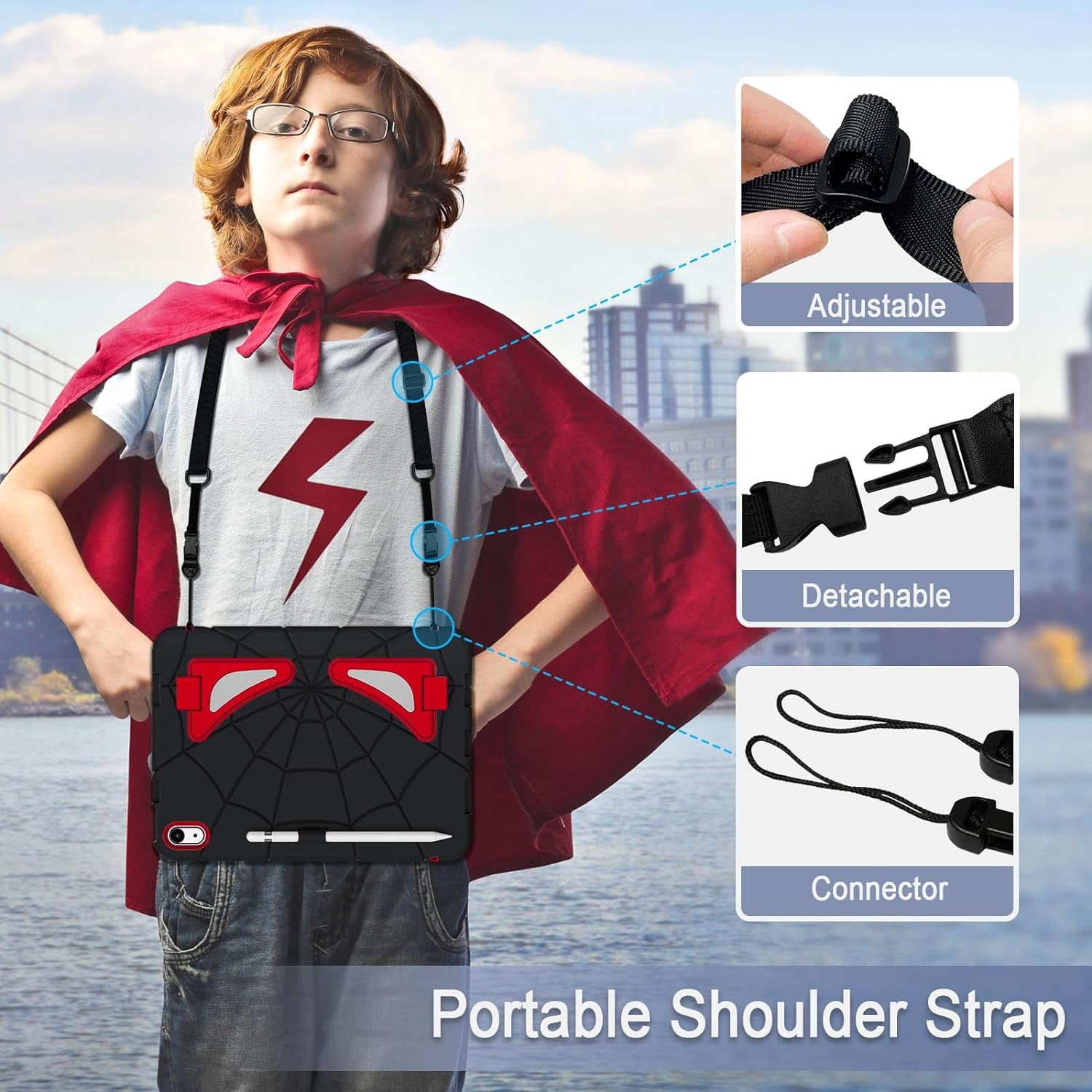REQO iPad 10th Generation Case 2022, Kids Friendly iPad 10.9 Case with Kickstand Shoulder Strap Pencil Holder, Heavy Duty Protective Case for iPad 10th Generation 2022 Release, Black Scarlet