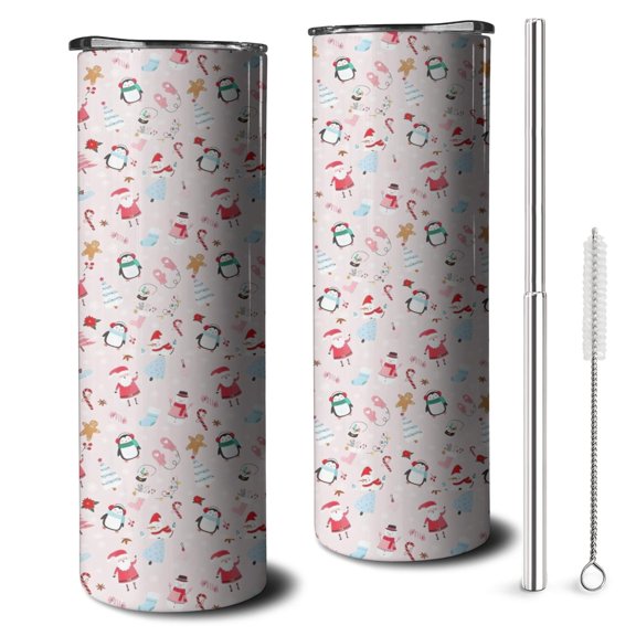 20oz Pink Christmas Santa and Penguin Pattern Skinny Tumblers Stainless Steel Tumbler with Lid and Straw,Vacuum Insulated Double Wall Travel Tumbler Cups with Cleaning Brush for Coffee,Tea