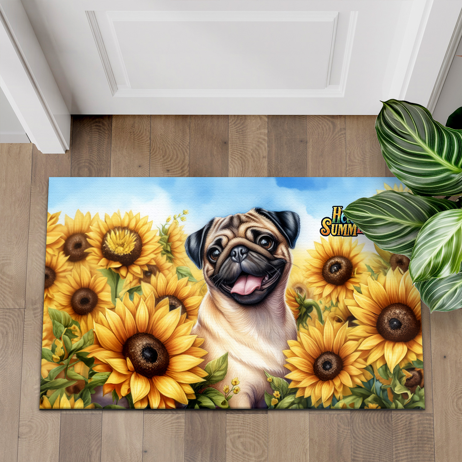 Pug Hello Summer Sunshine Sunflowers Spring Retro Vintage Doormat Dog Lover Gifts Indoor Outdoor Welcome Mat - 00008