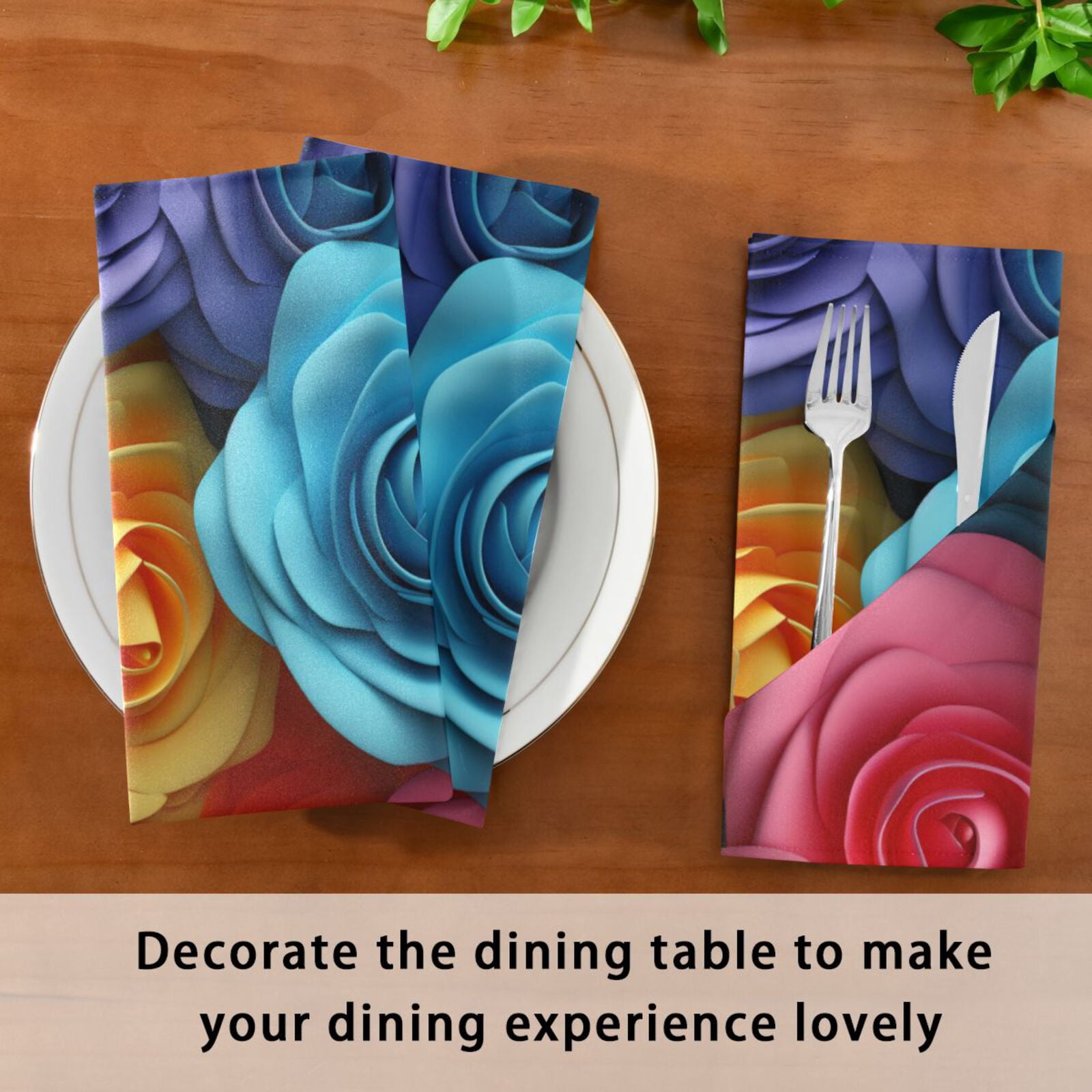 JSTEL Rainbow Rose Flowers 3d Cloth Napkins Set of 6, 20x20 Inch Washable and Reusable Napkin for Decoupage Dinner Party Everyday Use