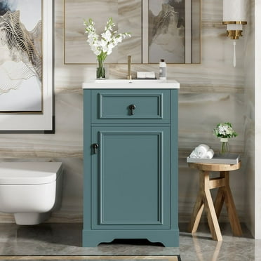WGYPRIME 20" Bathroom Vanity with Ceramic Sink, Farmhouse Bathroom Vanity Cabinet with Soft Close Door and D Rack, Single Bathroom Cabinet for Small Bathrooms Gray