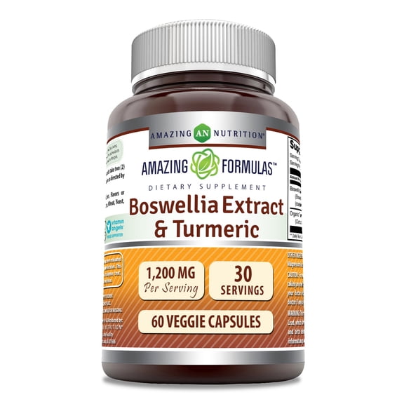 Amazing Formulas Boswellia Extract & Turmeric 1200mg Per Serving 60 Veggie Capsules Supplement | Non-GMO | Gluten Free | Suitable for Vegetarians
