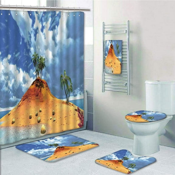 PRTAU Island Tropical Island Palms Cloudy Flowers Stones Summer Sky Holiday Seascape Mustard 5 Piece Bathroom Set Shower Curtain Bath Towel Bath Rug Contour Mat and Toilet Lid Cover