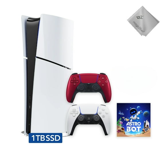 New TEC PS_5 Slim Digital Edition Astro Bot Bundle - 1TB SSD Console with Extra Red Wireless Controller, Includes White Controller