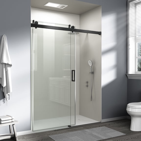 56" - 60" W x 76" H Frameless Soft-closing Single Sliding Shower Door, 3/8" (10mm) Tempered Glass with Easy-cleaning Nano-Coating, Matte Black CM-22D01-60MB