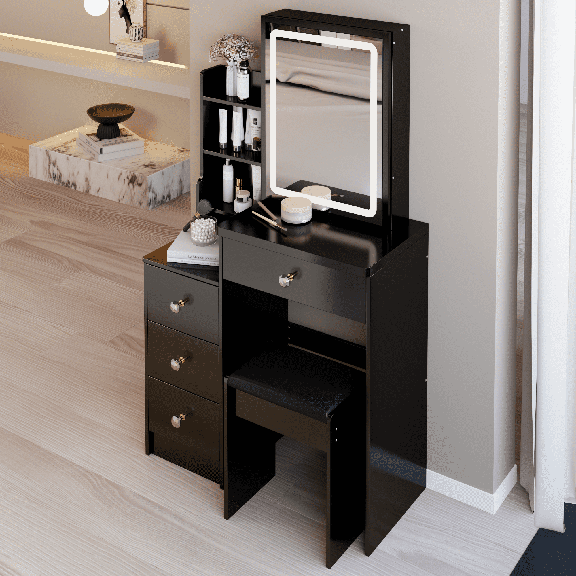29.2" Small Size Left Bedside Cabinet Vanity Table + Cushioned Stool, Large Sliding, Touch Control, Tri-color Switching, Brightness Adjust LED Mirror, High Capacity Storage