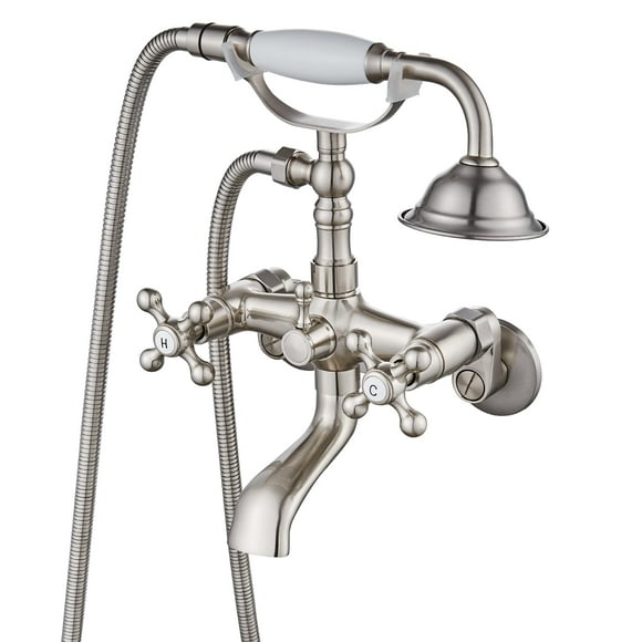 gotonovo Bathtub Clawfoot Faucet Brushed Nickel Finish Wall Mount Tub Filler with Hand Held Shower Faucet 2 Cross Handles with Tub Spout Victorian Vintage Telephone Style