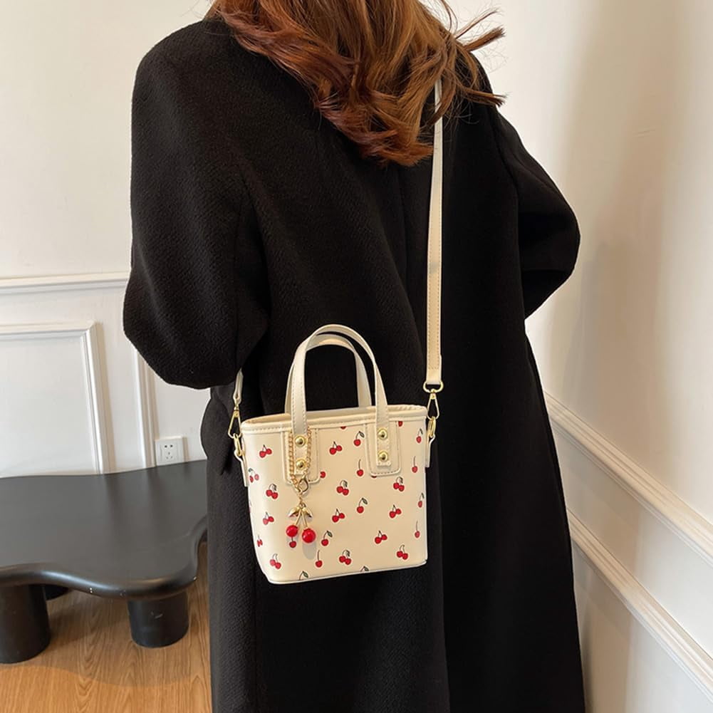 Crossbody Bags for Women, Small Cherry Print Shoulder Bag Cute Leather Tote Bag,Cherry Red Purse with Shoulder Strap