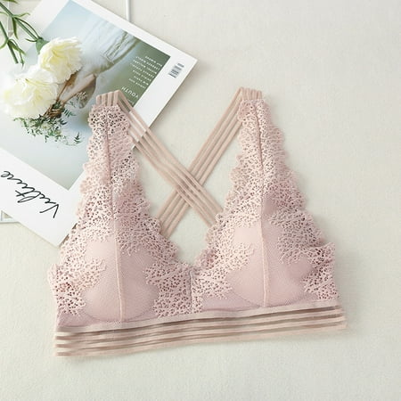 

SBYOJLPB Women Ring-Free Sexy Bra Lace V-Collar Lace Camisole Vest Bras Underwear (Pink)